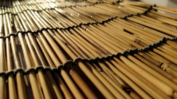 A straw bedding, tablecloth or small rug laid on a table and photographed from the side. Soft evening sunlight reflects off the stems. Some sticks are broken, threads and ropes are braided.