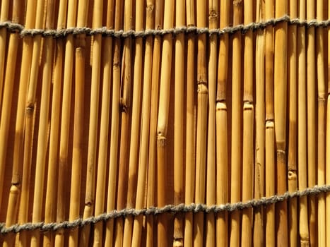 A straw bedding, tablecloth or small rug laid on a table and photographed from the side. Soft evening sunlight reflects off the stems. Some sticks are broken, threads and ropes are braided.
