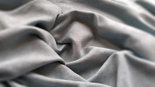 Fabric sheer curtain fabric. Beautiful gray-blue color. Soft velvet with a pile. The curtain material is carelessly folded and wrinkled on a horizontal surface. Fabric sample. Interior design option.