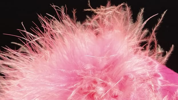 Delicate pink fluff on a black background. Real fur with a long pile. Close-up. Boa or cosmetic brush. Graceful details. Soft focus. Blurred image.