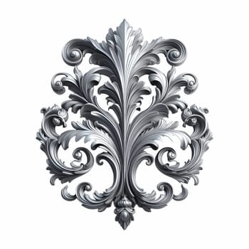 A silver baroque ornament featuring intricate scrolls and flourishes against a white background. the ornament has a vintage, antique appearance with a metallic, silver texture.