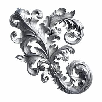 A silver baroque ornament featuring intricate scrolls and flourishes against a white background. the ornament has a vintage, antique appearance with a metallic, silver texture.