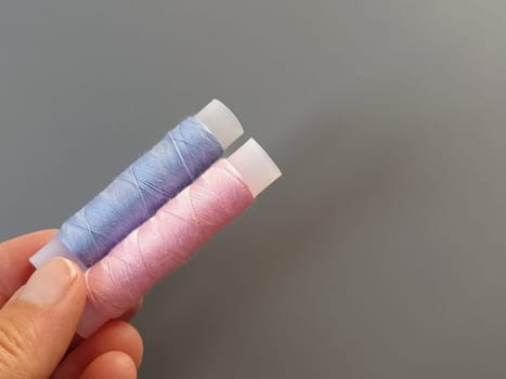 Spools of pink and blue thread on a woman's hand. Textile industry. Gray background.