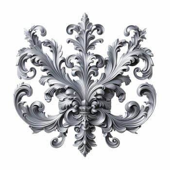 A silver baroque ornament featuring intricate scrolls and flourishes against a white background. the ornament has a vintage, antique appearance with a metallic, silver texture.