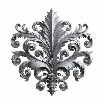A silver baroque ornament featuring intricate scrolls and flourishes against a white background. the ornament has a vintage, antique appearance with a metallic, silver texture.