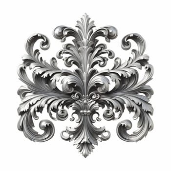 A silver baroque ornament featuring intricate scrolls and flourishes against a white background. the ornament has a vintage, antique appearance with a metallic, silver texture.