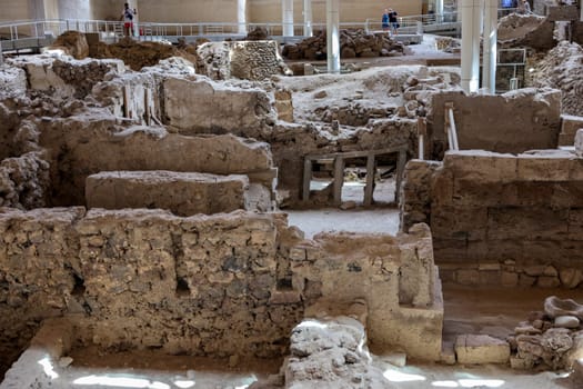 Santorini, Greece - July 01, 2021: Akrotiri, excavation site of a Minoan Bronze Age settlement on the Greek island of Santorini
