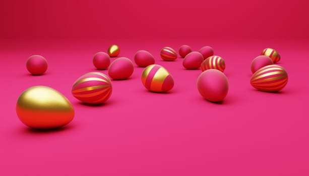 Many pink Easter eggs with golden eggs on a pink background, modern Easter background, 3d rendering
