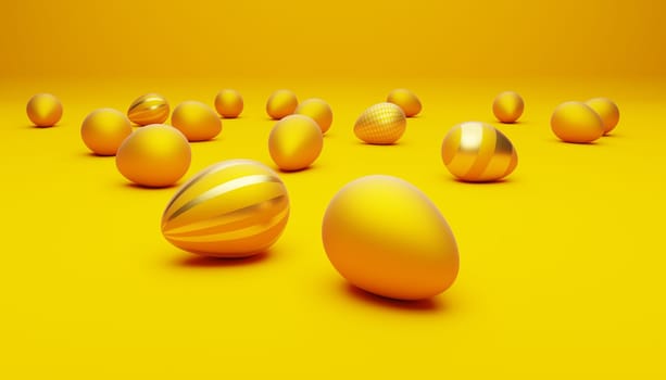 Many yellow Easter eggs with golden egg on a yellow background, modern Easter background, 3d rendering