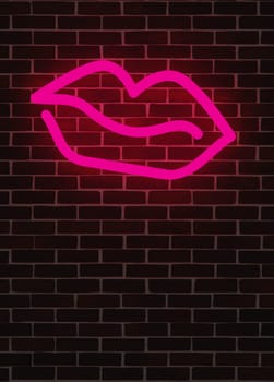 Pink glowing neon light lips on a brick wall with space for your text, image or product, Happy Valentines Day concept