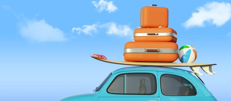 Retro small car with a surfboard and travel suitcases in front of a blue sky background, tourism concept, 3d rendering