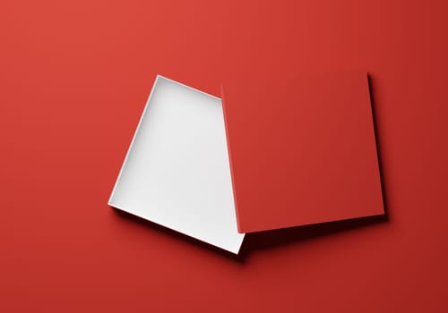 Open red gift box or package on a red background, mock up or template, Valentines Day or Birthday concept, 3d rendering