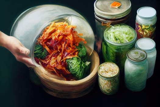 This painting showcases a colorful array of preserved vegetables including cabbage and carrots. The image is a testament to the versatility and deliciousness of healthy food. The image is generated with the use of an AI.