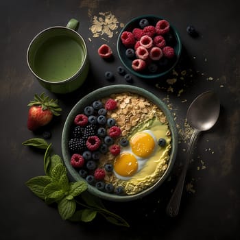 A delicious and nutritious depiction of healthy food, this painting showcases the variety of colors, textures, and flavors that berries and grains have to offer. The image depicts a mixture of different berries and grains, arranged in a way that highlights their natural beauty and richness. The image is generated with the use of an AI. I