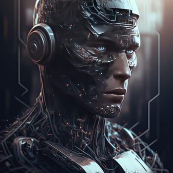 This painting depicts a futuristic and enigmatic cyborg, showcasing the individual's advanced technology and mechanical enhancements. The portrait captures the complex and intriguing nature of this technologically advanced being. The image is generated with the use of an AI.