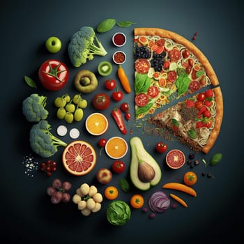 This painting showcases the vibrant and nutritious world of healthy food, where slices of delicious pizza are paired with an abundance of fresh vegetables. The image captures the essence of a healthy and balanced meal, inviting viewers to indulge in the beauty of food. The image is generated with the use of an AI.