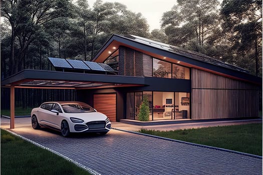 This painting depicts a sleek and modern white electric vehicle parked beside a charming countryside house. The surrounding landscape is lush and serene, highlighting the peacefulness of country living. The image is generated with the use of an AI.