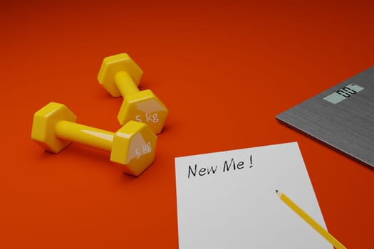 Two yellow dumbbells on an orange background with sheet of paper and scale, new me concept, 3d rendering