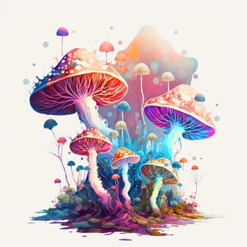 This surreal landscape depicts a dense forest filled with towering mushrooms of every shape and color. The peaceful setting is home to fluttering fairies and whimsical creatures, creating a dreamlike atmosphere. The image is generated with the use of an AI.