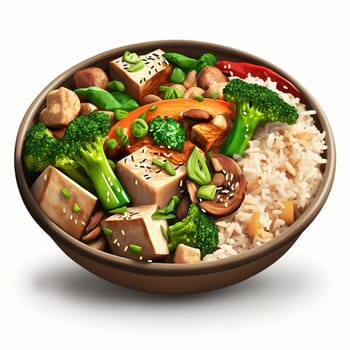 An appetizing and visually stimulating depiction of healthy food, this painting celebrates the rich flavors and textures of broccoli and rice. The image features a colorful arrangement of the ingredients, inviting the viewer to imagine the taste and aroma of this delicious meal. The image is generated with the use of an AI.