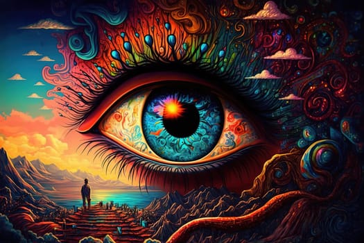 A surreal and mesmerizing image of an eye with intricate and trippy details. The intricate patterns seem to come to life, creating a hypnotic and mesmerizing experience. The image is generated with the use of an AI.