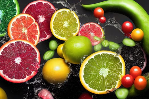 The painting depicts a colorful mixture of citrus fruits, arranged in a visually pleasing composition. The bright colors and contrasting textures of the fruits make for an eye-catching piece. The image is generated with the use of an AI.