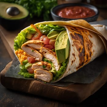 This painting depicts a delicious and healthy veggie wrap, overflowing with fresh and colorful ingredients. The image is full of flavor and nutrition, perfect for food lovers who appreciate a healthy lifestyle. The image is generated with the use of an AI.