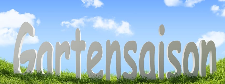 The German word Gartensaison on green grass with a cloudy blue summer sky, seasonal gardening concept, 3d rendering