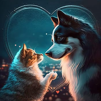 This digital painting showcases the unlikely friendship between a cat and a dog. The two animals cuddle and share a loving moment amidst a colorful, whimsical background. The image is generated with the use of an AI.