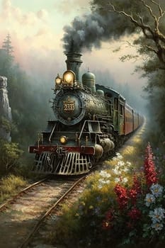 The painting captures the moment of a steam engine chugging along, with smoke and steam billowing from its chimney. The vibrant colors and intricate details showcase the beauty of this iconic mode of transportation. The image is generated with the use of an AI.