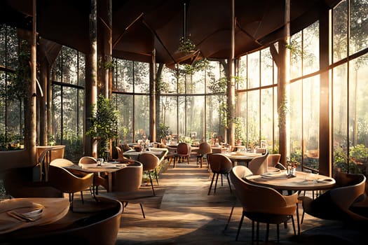 A busy restaurant is bustling with activity, featuring breathtaking panoramic views of the surrounding cityscape through large windows. Patrons enjoy their meals while taking in the magnificent scenery. The image is generated with the use of an AI.