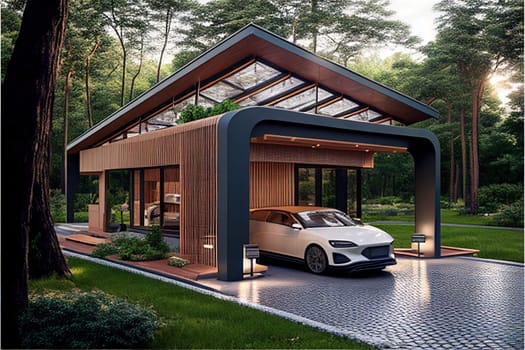 This painting captures a stunning white car parked in front of a serene forest retreat house. The lush green trees and the calm ambiance of the forest provide a peaceful backdrop for the sleek and stylish car. The image is generated with the use of an AI.