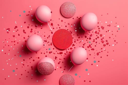 This image features a cascade of pink balloons floating against a rosy background. The balloons are varying shades of pink and give the impression of movement. The image is generated with the use of an AI.