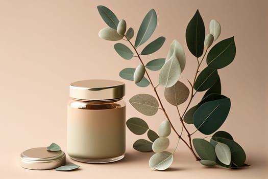 A serene depiction of a jar of cream with an olive branch placed next to it. The image is generated with the use of an AI.
