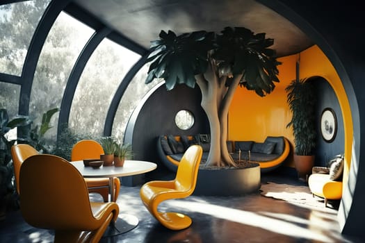 The painting depicts a home interior with curved windows that add a touch of modernity and uniqueness to the space. The furniture and decor are carefully arranged to create a harmonious and inviting atmosphere. The image is generated with the use of an AI.