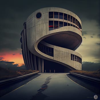 Description: A surreal depiction of a building with distorted, spiraling structures. The colors are muted and create an ethereal, otherworldly atmosphere. The image is generated with the use of an AI.