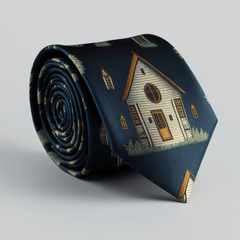 The painting showcases a necktie adorned with a miniature house. The intricate details and vibrant colors capture the imagination and transport the viewer to a world of wonder. The image is generated with the use of an AI.