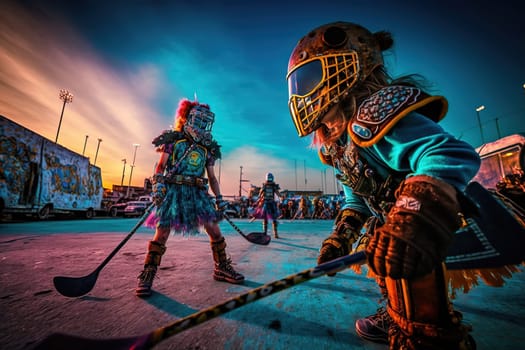This painting captures the joy and excitement of a young hockey player on the rink. The vibrant colors and dynamic movement bring the scene to life. The image is generated with the use of an AI.