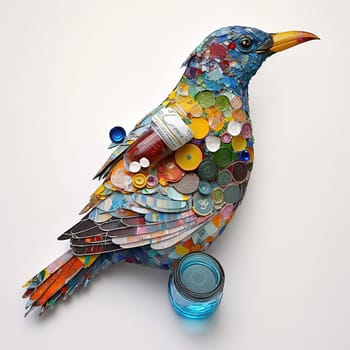 This digital painting depicts a bird, crafted from recycled materials. The bird's feathers are made of scrap metal and its body is constructed from discarded materials. The image is generated with the use of an AI, creating a unique representation of the beauty that can come from waste.