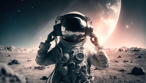 This picture showcases a DJ playing music in front of a breathtaking lunar landscape. The DJ is surrounded by the vibrant colors of his equipment and the quiet serenity of the moon. The image is generated with the use of an AI.