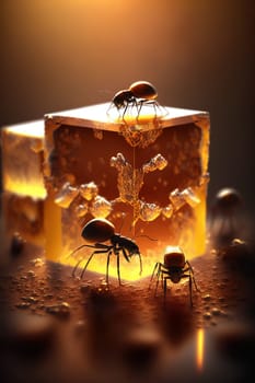 The painting depicts a colony of ants frantically devouring sugar crystals. The intricate details of their bodies and movements are masterfully captured, showing the chaos and frenzy of the scene. The image is generated with the use of an AI.