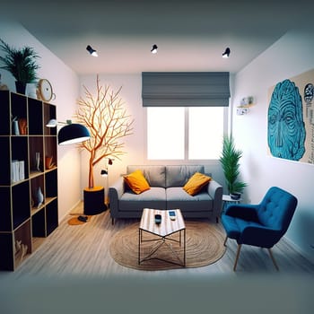 This visually stunning painting captures the essence of contemporary design with its clean lines and bold use of color. The intricate details of the furnishings and decor complete the look of a sophisticated, modern interior. The image is generated with the use of an AI.