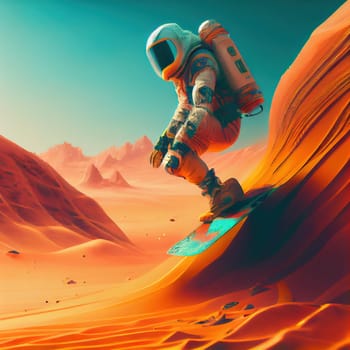 This dynamic painting showcases a fearless space surfer riding the cosmic waves on the red planet. The vibrant hues of the Martian sky and the intricate details of the surfer's equipment are eye-catching and captivating. The image is generated with the use of an AI.