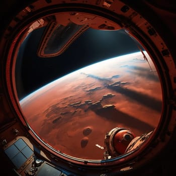This stunning artwork captures the magnificent view from an astronaut's window as they approach Mars. The brilliant hues of red, orange and yellow are emphasized as the spacecraft descends into the planet's atmosphere. The image is generated with the use of an AI.