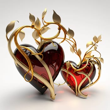 This romantic artwork depicts two hearts entwined in a symbol of eternal love and devotion. The intricate patterns and delicate details of the jubilee adornment add to the timeless beauty of the piece. The image is generated with the use of an AI.