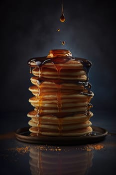 A beautiful landscape of golden pancakes drizzled with sweet honey, this painting will make your taste buds dance. The backdrop of the painting is adorned with a soft blue sky, making the pancakes seem to shine even brighter. The image is generated with the use of an AI.