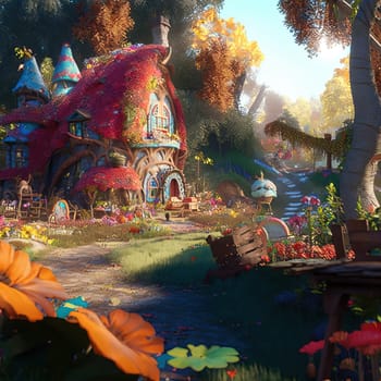 A whimsical hobbit house surrounded by a lush garden and the rolling hills of Middle-earth. The image captures the essence of J.R.R. Tolkien's world and is perfect for any fan of the novels. The image is generated with the use of an AI.