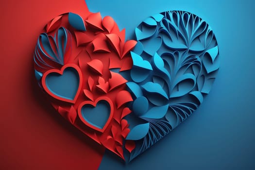 The image depicts two radiant hearts, one in blue and the other in red. The hearts are intertwined in a captivating manner, representing love, passion, and intensity. The image is generated with the use of an AI.