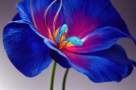 This beautiful artwork captures the essence of a radiant blue flower. It is a representation of the mesmerizing and calming power of nature. The image is generated with the use of an AI.