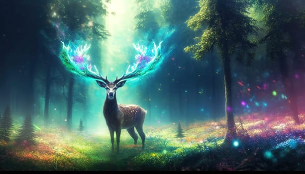 This serene and graceful depiction captures the essence of a forest deer, surrounded by lush greenery and tall trees. The delicate brushwork and soft colors bring to life the majesty and beauty of this woodland creature. The image is generated with the use of an AI.
